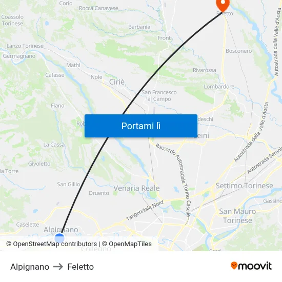 Alpignano to Feletto map
