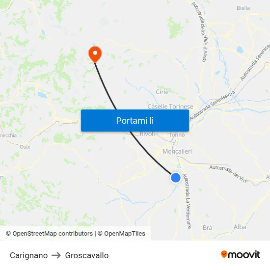 Carignano to Groscavallo map