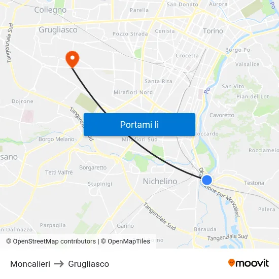 Moncalieri to Grugliasco map