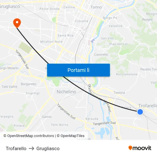 Trofarello to Grugliasco map