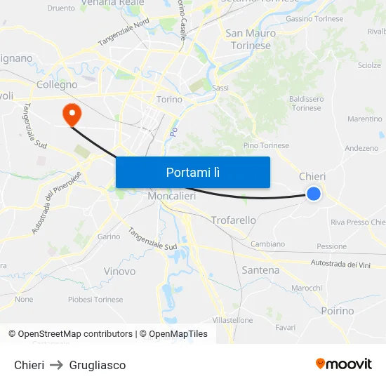 Chieri to Grugliasco map