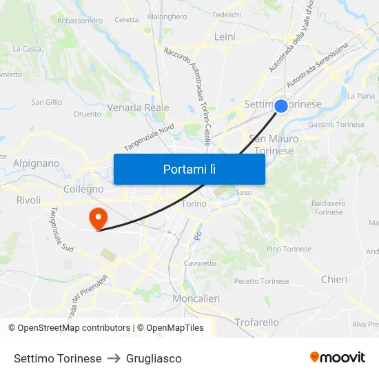 Settimo Torinese to Grugliasco map