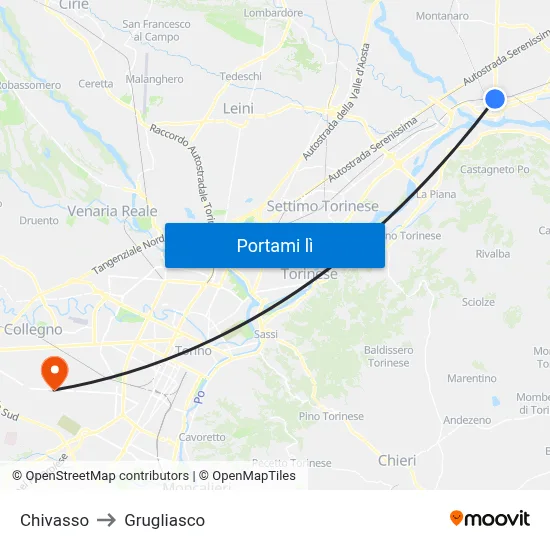 Chivasso to Grugliasco map