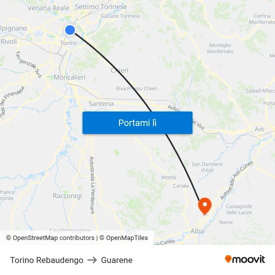 Torino Rebaudengo to Guarene map