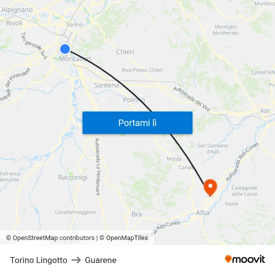 Torino Lingotto to Guarene map