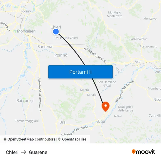 Chieri to Guarene map