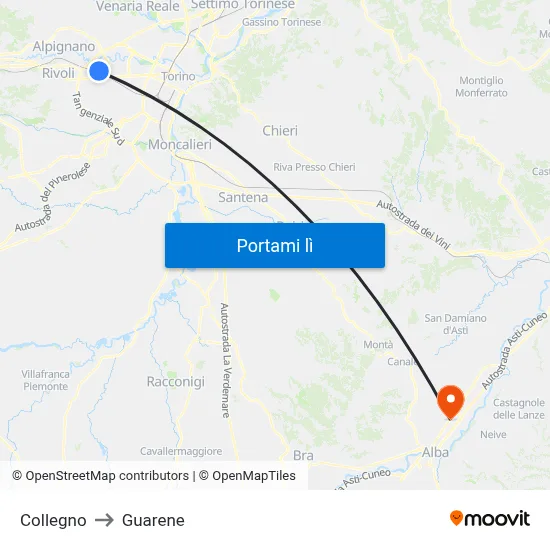 Collegno to Guarene map