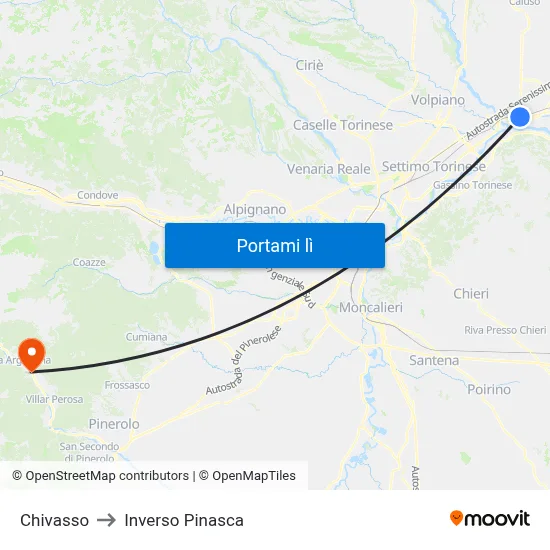 Chivasso to Inverso Pinasca map