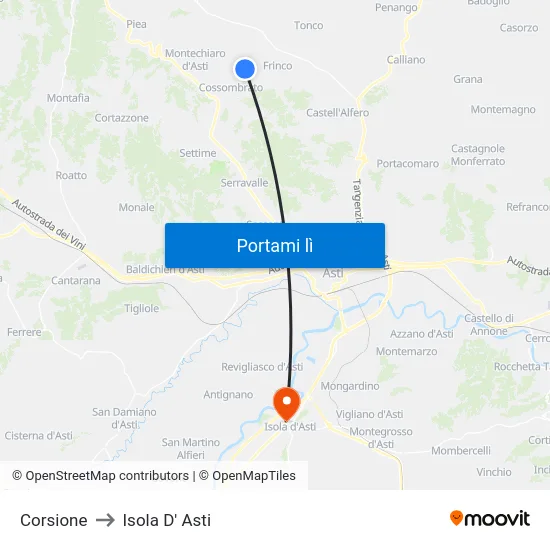 Corsione to Isola D' Asti map