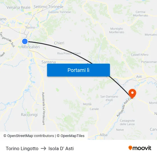 Torino Lingotto to Isola D' Asti map