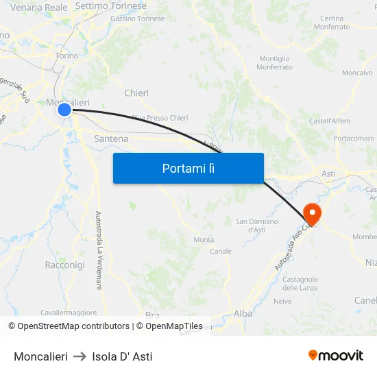 Moncalieri to Isola D' Asti map