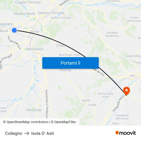 Collegno to Isola D' Asti map