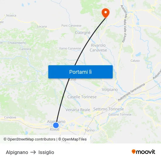Alpignano to Issiglio map