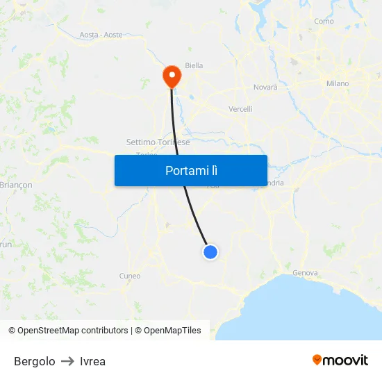 Bergolo to Ivrea map