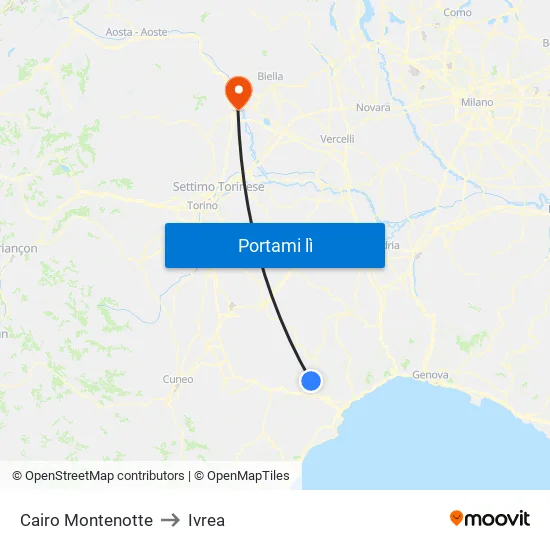 Cairo Montenotte to Ivrea map