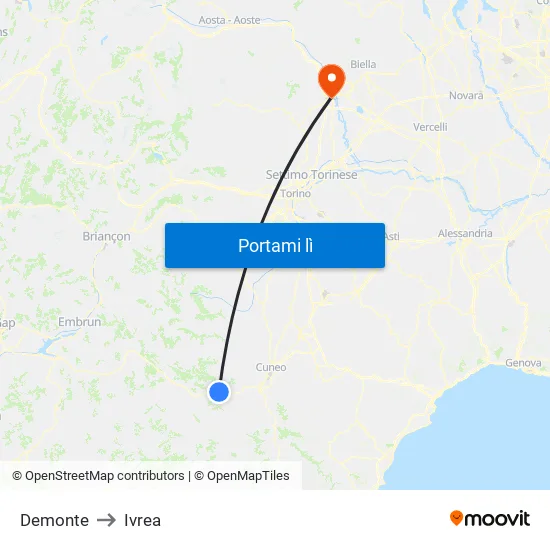 Demonte to Ivrea map