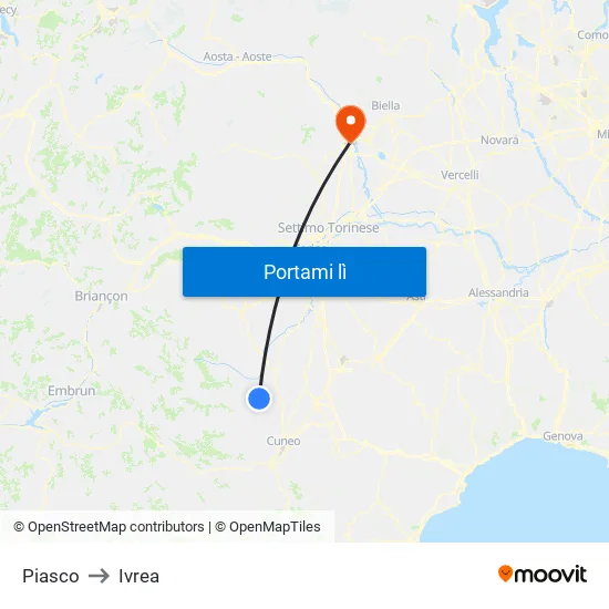 Piasco to Ivrea map