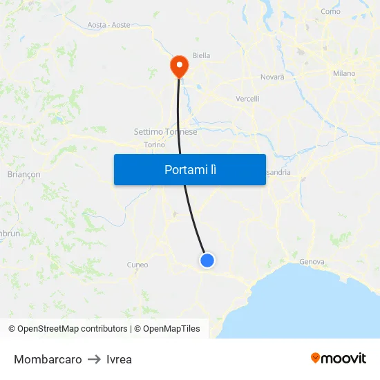 Mombarcaro to Ivrea map