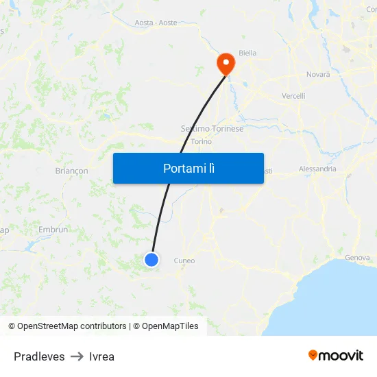 Pradleves to Ivrea map