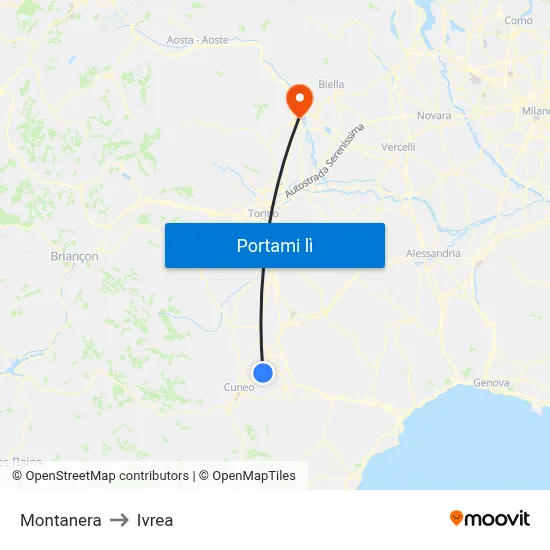 Montanera to Ivrea map