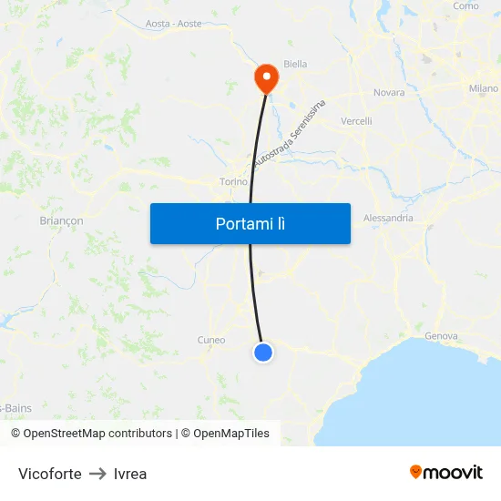 Vicoforte to Ivrea map