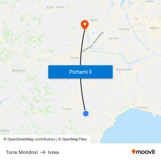 Torre Mondovì to Ivrea map