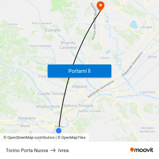 Torino Porta Nuova to Ivrea map