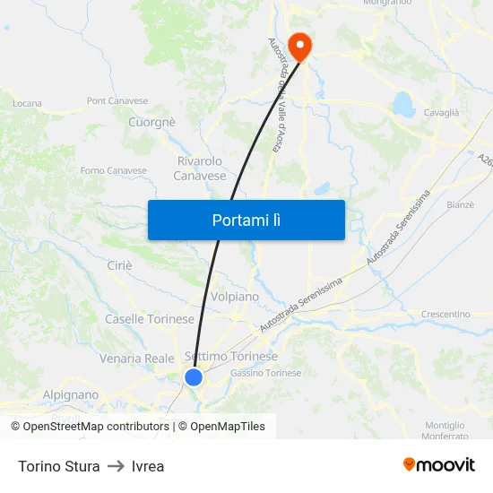 Torino Stura to Ivrea map
