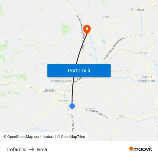 Trofarello to Ivrea map