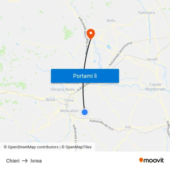 Chieri to Ivrea map