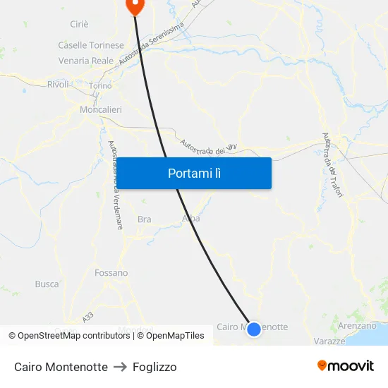Cairo Montenotte to Foglizzo map