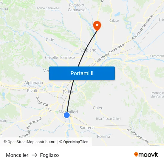 Moncalieri to Foglizzo map