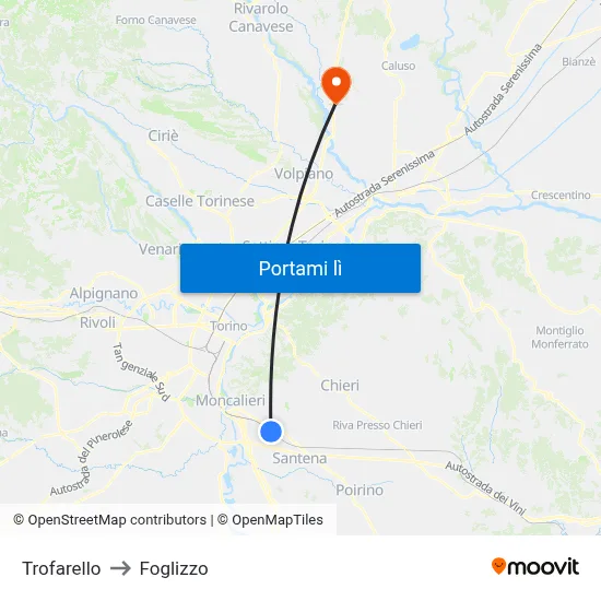 Trofarello to Foglizzo map