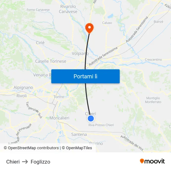 Chieri to Foglizzo map