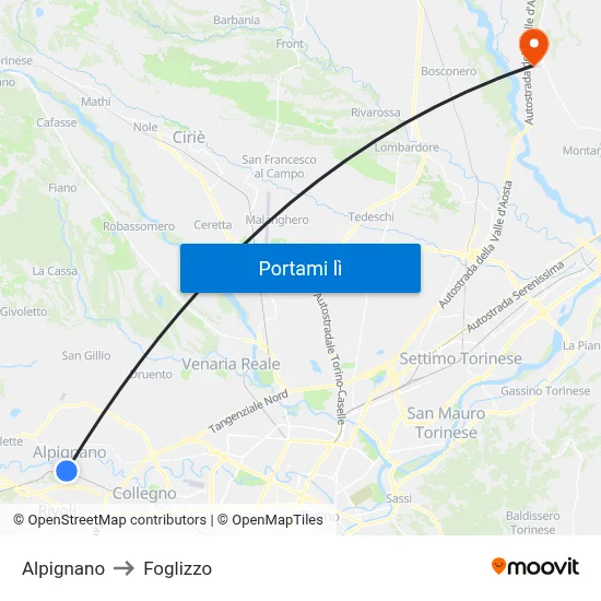 Alpignano to Foglizzo map