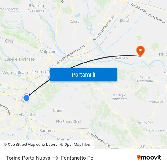 Torino Porta Nuova to Fontanetto Po map