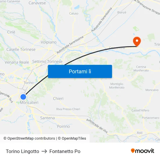 Torino Lingotto to Fontanetto Po map