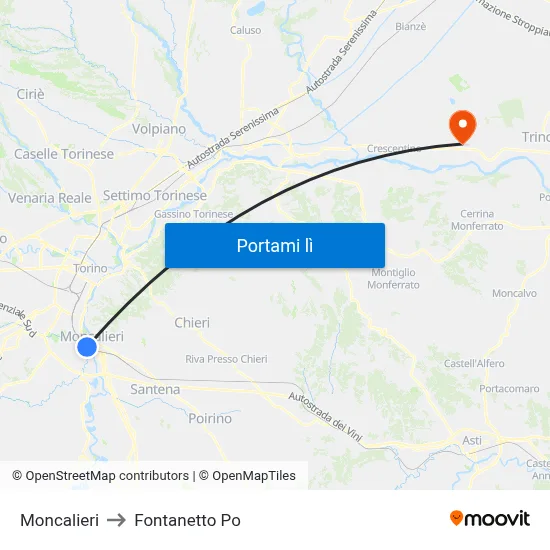 Moncalieri to Fontanetto Po map