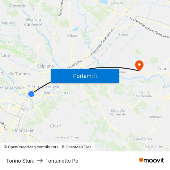 Torino Stura to Fontanetto Po map
