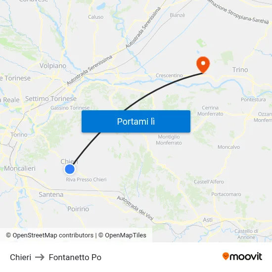 Chieri to Fontanetto Po map