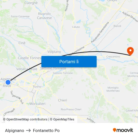 Alpignano to Fontanetto Po map