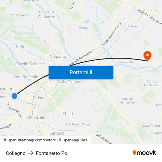 Collegno to Fontanetto Po map