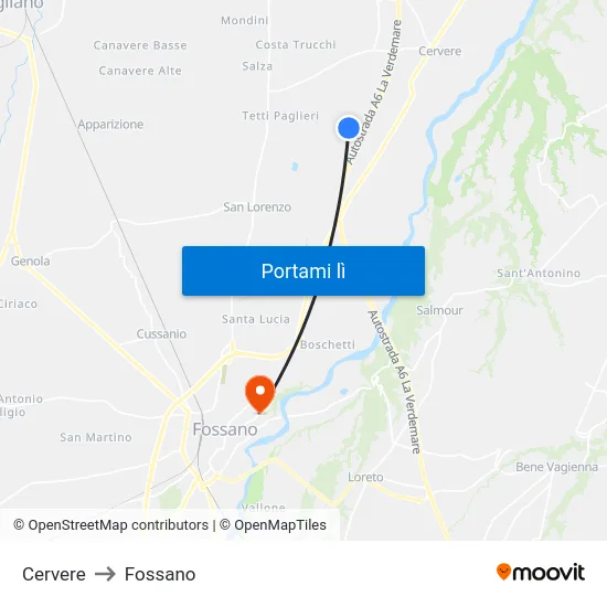 Cervere to Fossano map