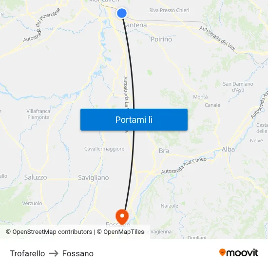Trofarello to Fossano map