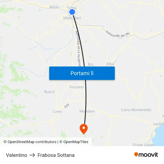 Valentino to Frabosa Sottana map