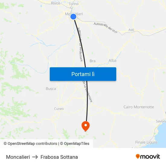 Moncalieri to Frabosa Sottana map
