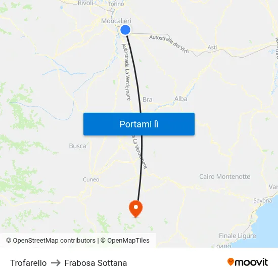 Trofarello to Frabosa Sottana map