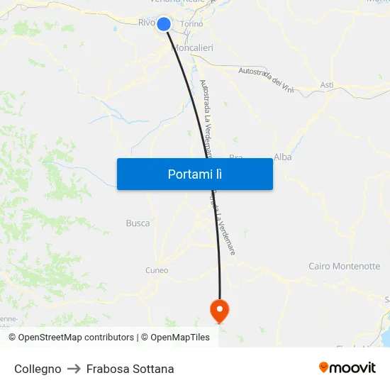 Collegno to Frabosa Sottana map