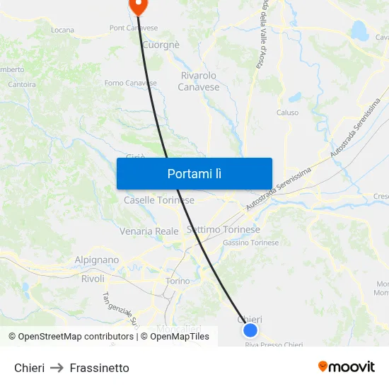 Chieri to Frassinetto map
