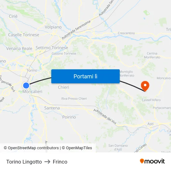 Torino Lingotto to Frinco map